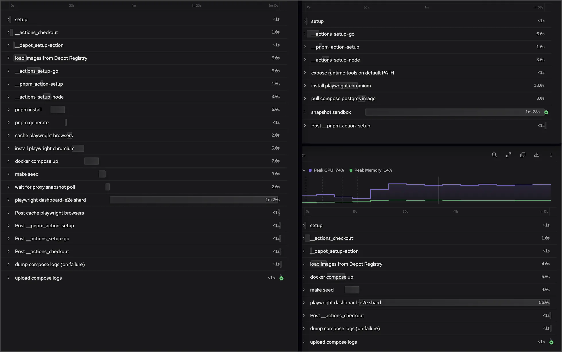 Job traces for one e2e shard, fourteen setup steps before the changes and six after