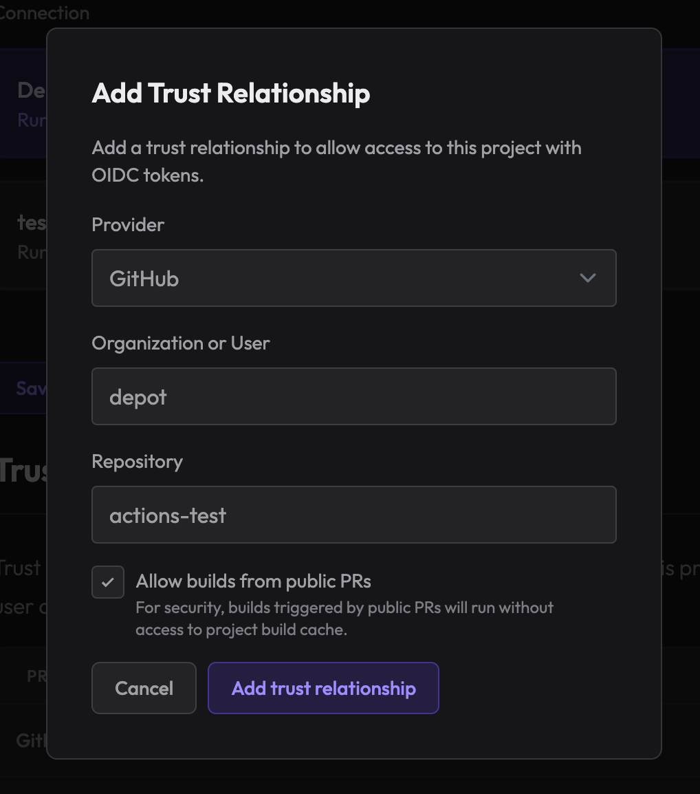 screenshot of the Trust Relationships section of a Depot project settings page