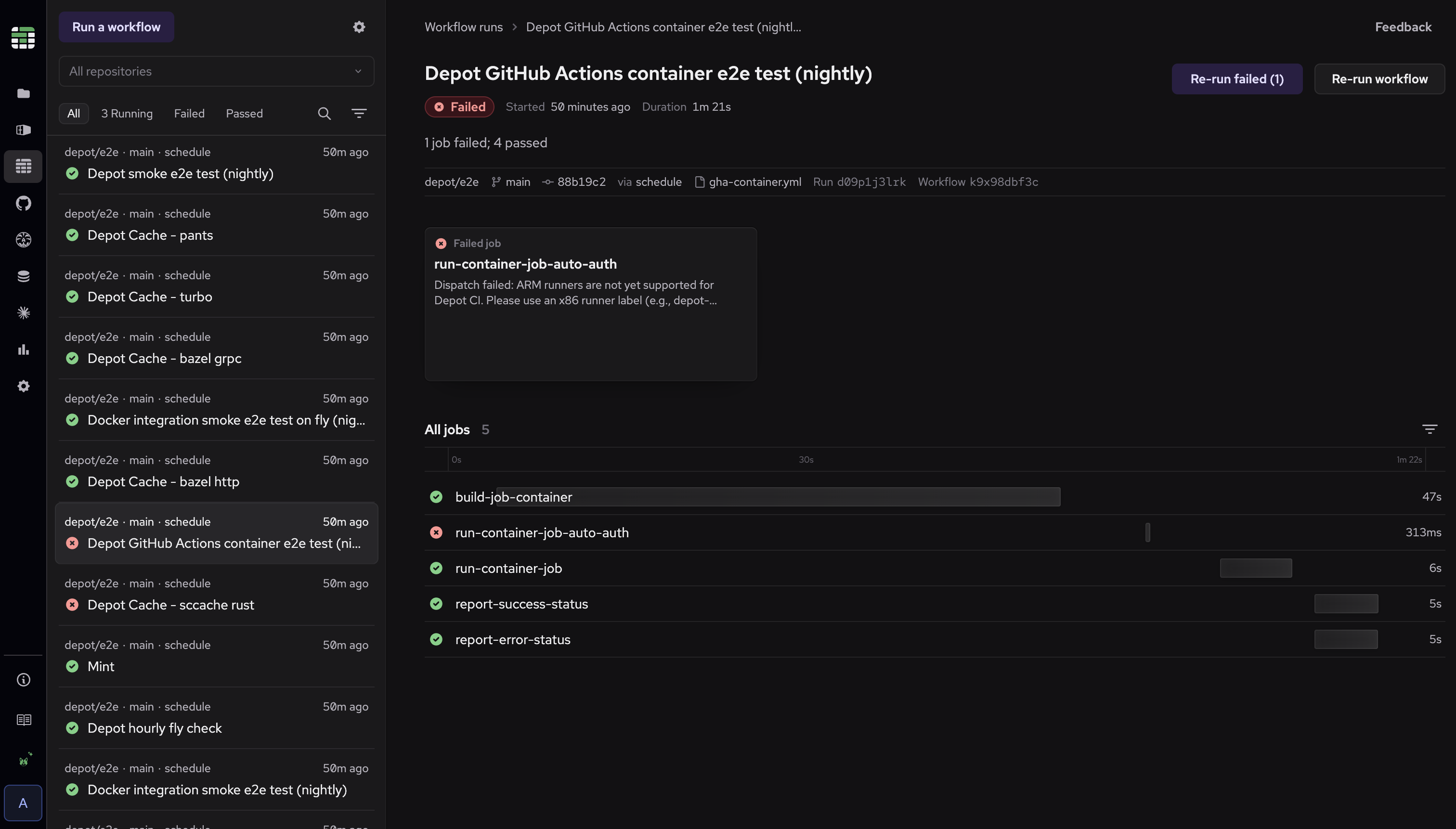 Depot CI workflow summary showing run context, grouped failures, and the job timeline