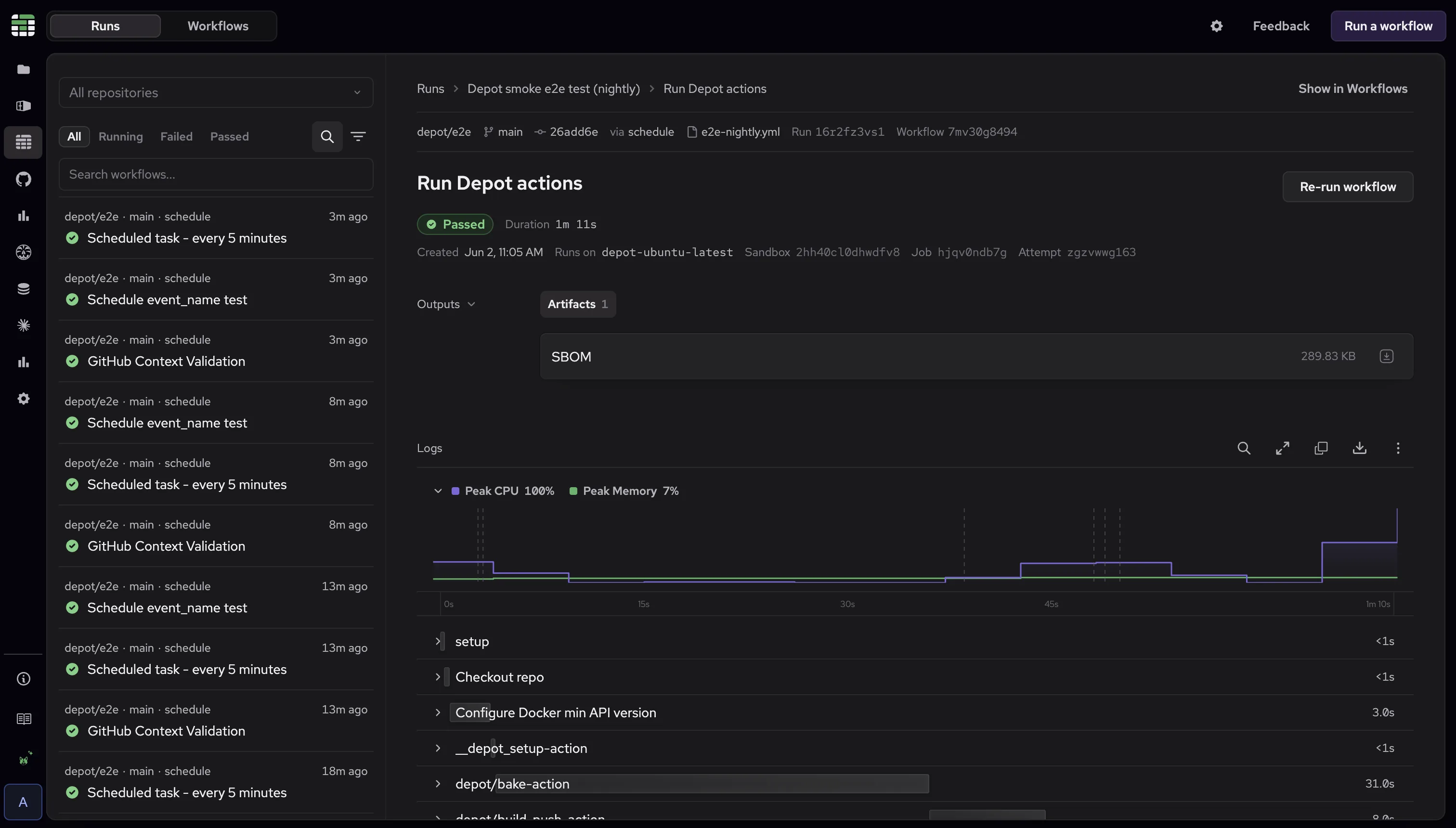 Depot CI job detail view showing artifacts, logs, CPU and memory metrics, and step timing