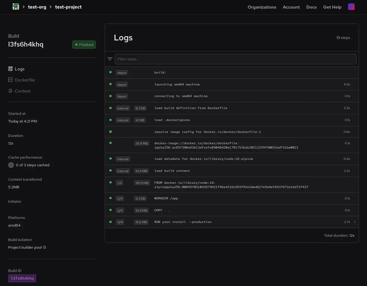 Image showing more detailed logs of a particular build.