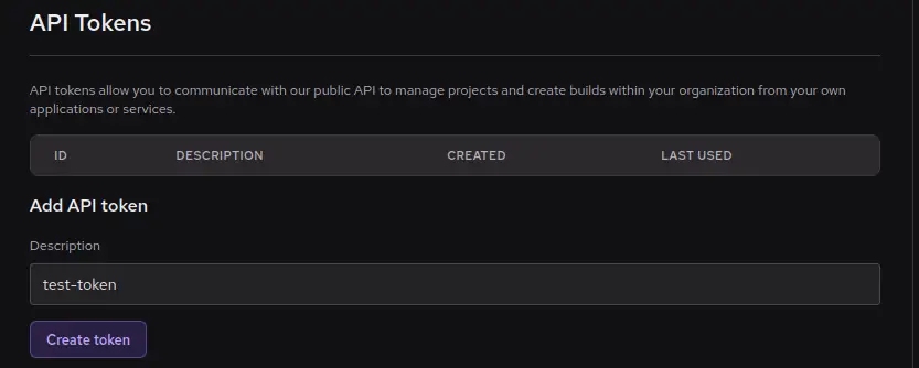 An image showing the menu to create a token within a Depot organization.