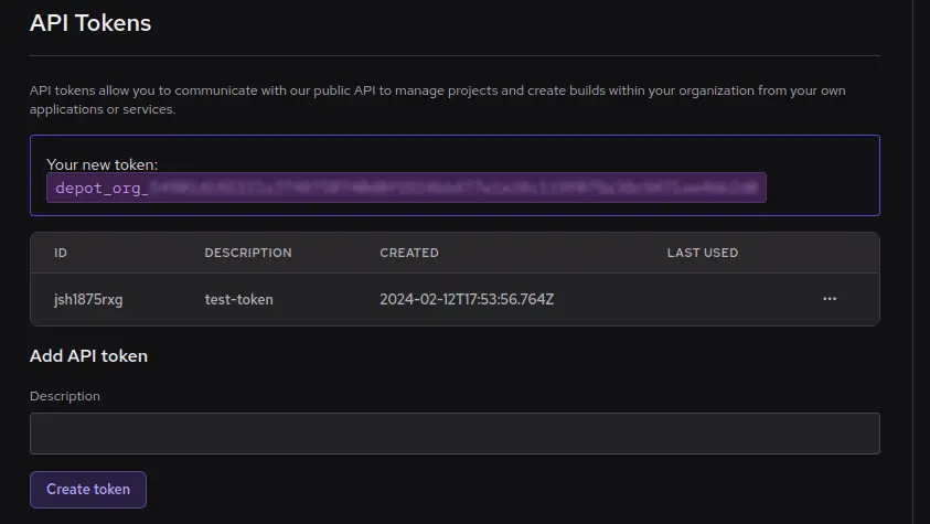 An image showing the API Tokens section in Depot after creating a new token.