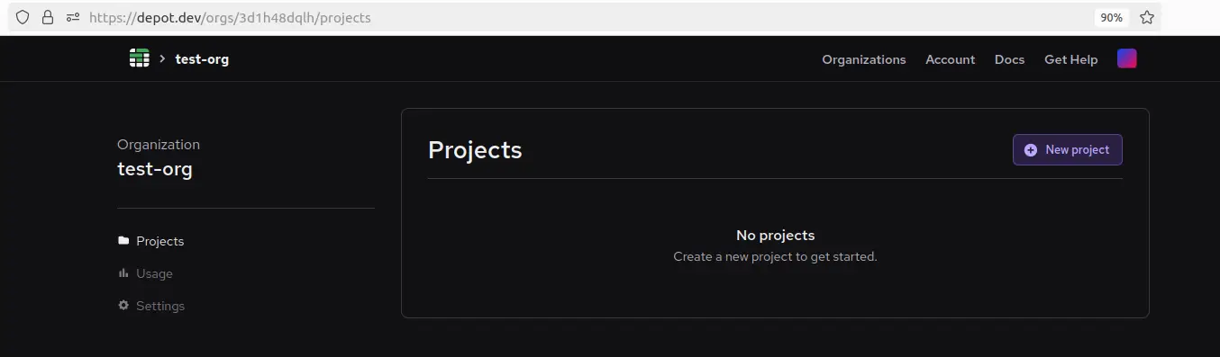 An image showing a Depot organization page with no projects.