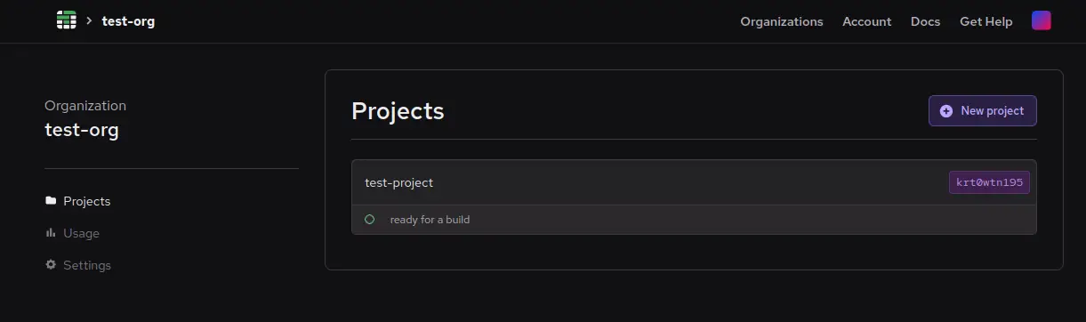 Screenshot of the newly-created test-project in the projects list