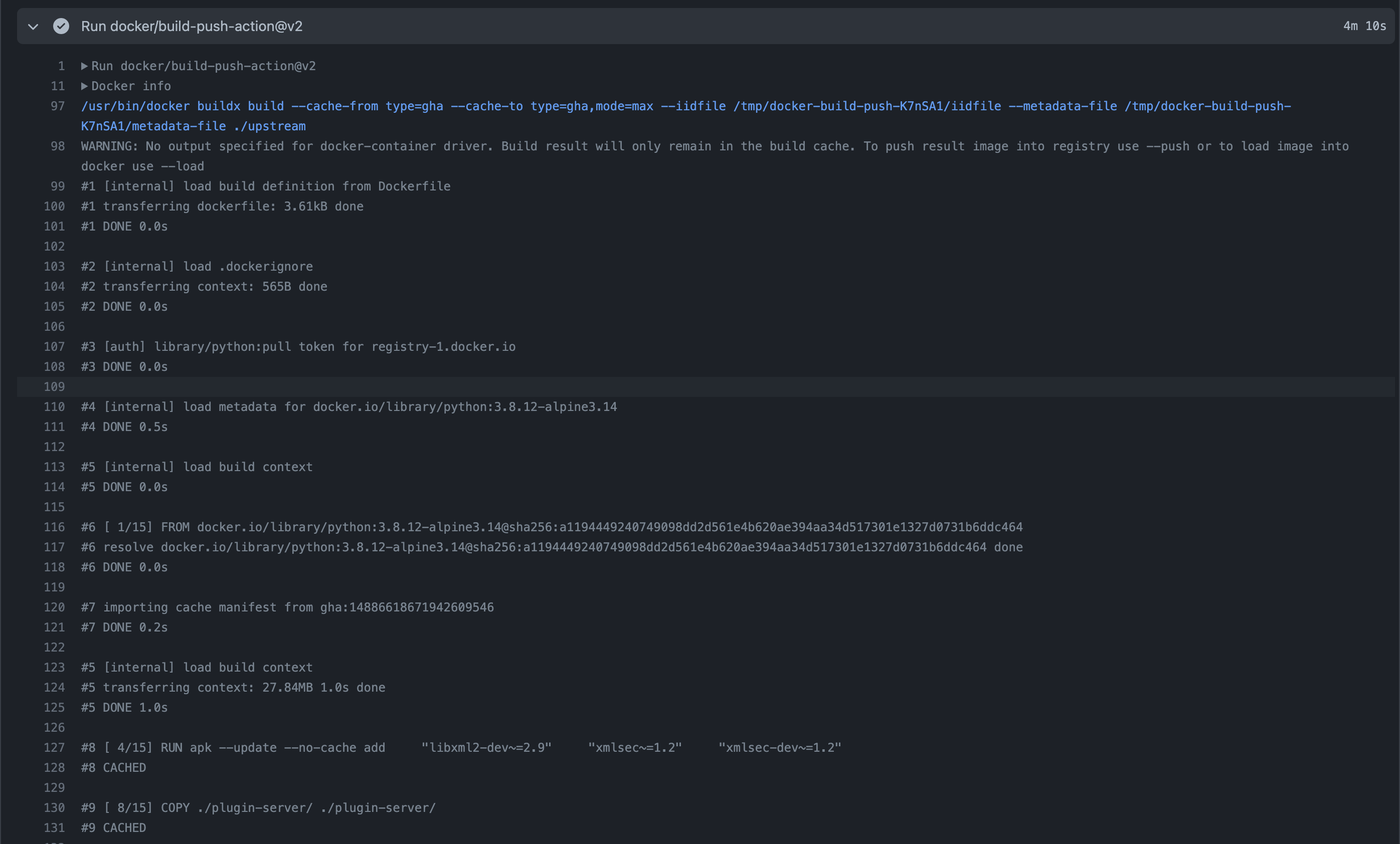 Screenshot of a GitHub Actions workflow run logs