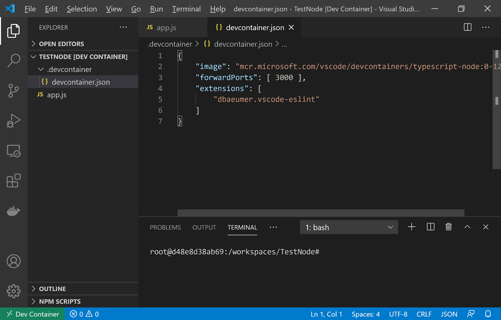 A screenshot of devcontainer configuration in Visual Studio Code.