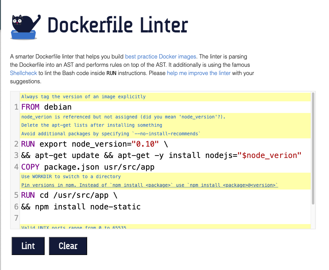 A screenshot of a web-based demo of the hadolint Docker tool.