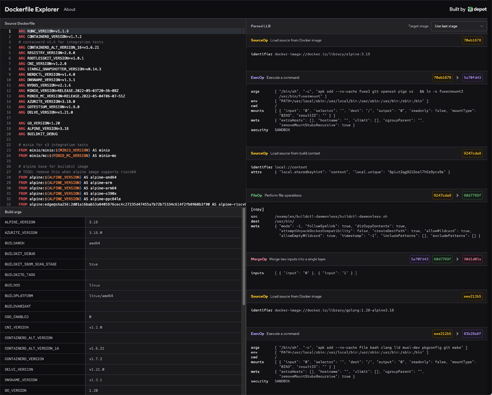 A screenshot of LLB breakdown of a Dockerfile in Dockerfile Explorer.