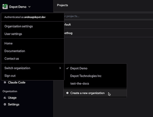 Select Create new organization from the depot dashboard menu