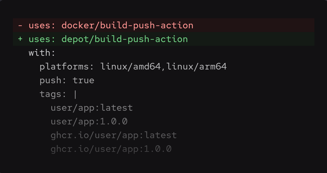 Screenshot of showing replacing docker/build-push-action with depot/build-push-action