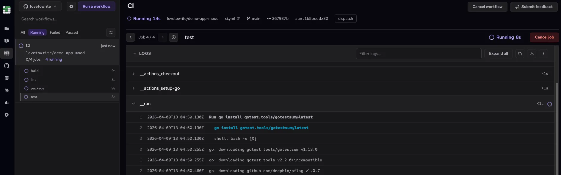 Depot CI dashboard showing a running workflow with streaming logs for the package job