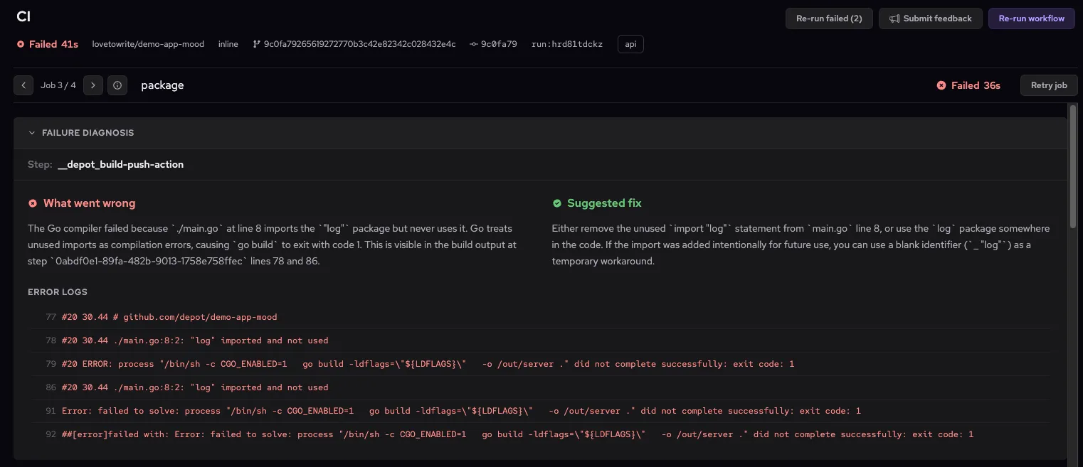 Failure diagnosis panel showing what went wrong and a suggested fix for an unused Go import