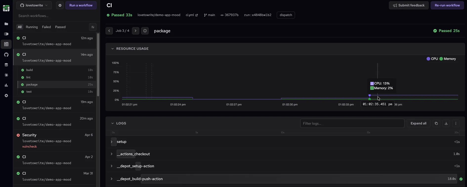 CPU and memory usage chart and collapsible log steps for a passing Depot CI job
