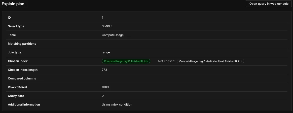 PlanetScale dashboard Explain page showing the details of a slow query