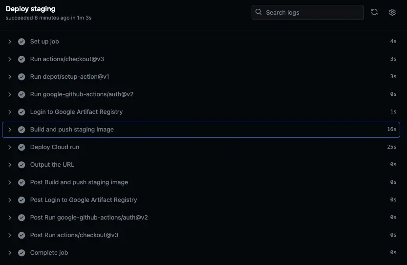Screenshot showing a GitHub Actions workflow where the build and push step takes 16 seconds